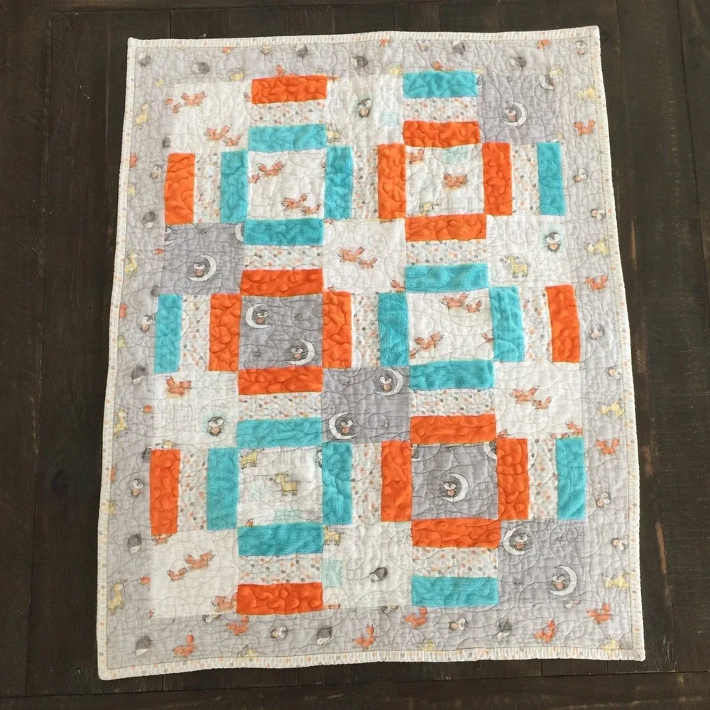 Handmade Baby Blanket Patchwork Quilt 26x34 Orange Blue‎ Woodland Fox Owl